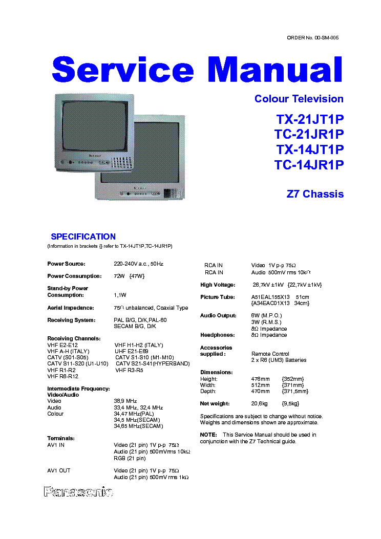 Oost Passief bros PANASONIC TC-14 21JR1P TX-14 21JT1P-Z7 Service Manual download, schematics,  eeprom, repair info for electronics experts
