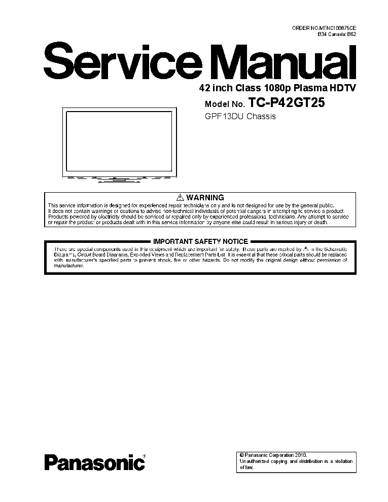 PANASONIC TC-P42GT25 CHASSIS GPF13DU PLASMA service manual