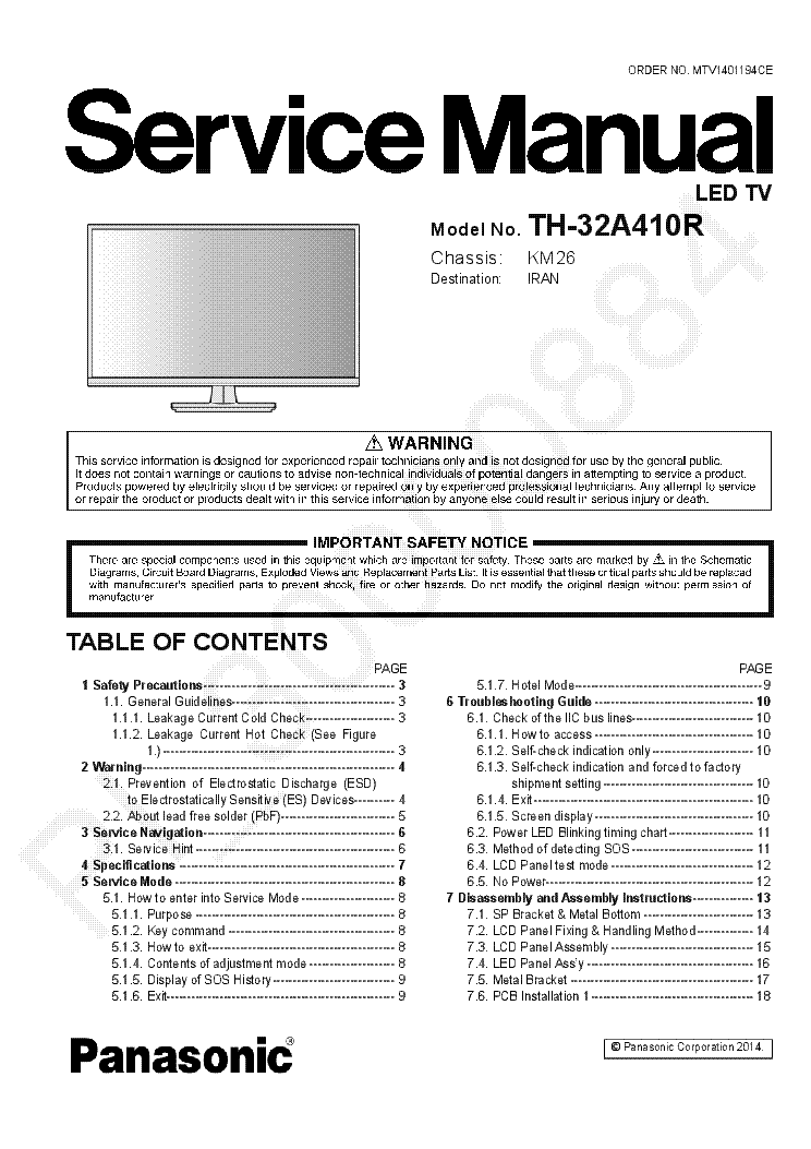 PANASONIC TH-32A410R CHASSIS KM26 service manual