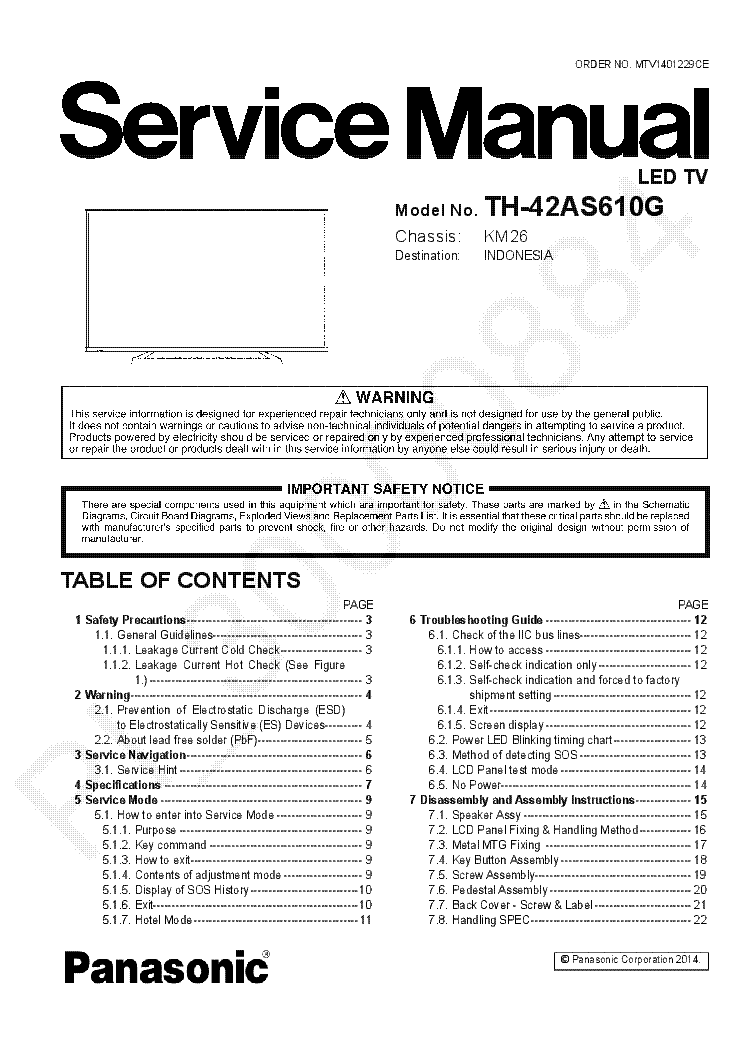 PANASONIC TH-42AS610G CHASSIS KM26 service manual