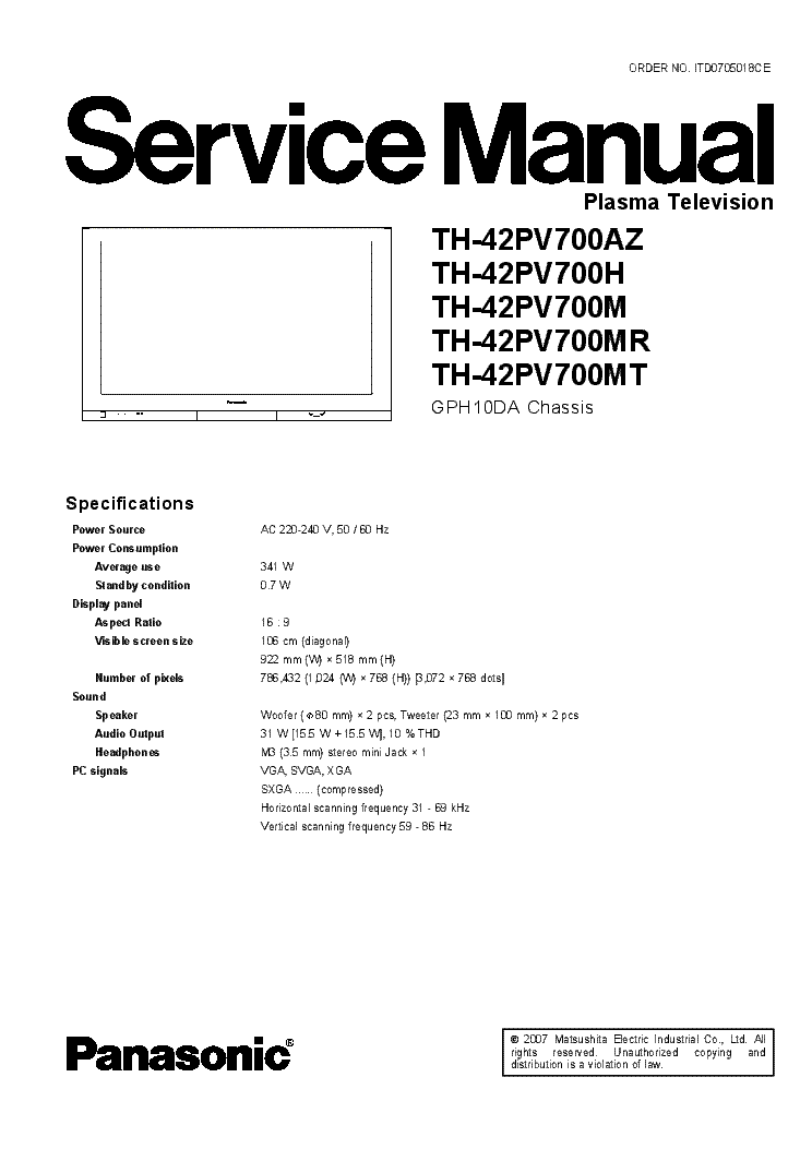 PANASONIC TH-42PV700AZ TH-42PV700H TH-42PV700M TH-42PV700MR TH-42PV700MT CHASSIS GPH10DA service manual