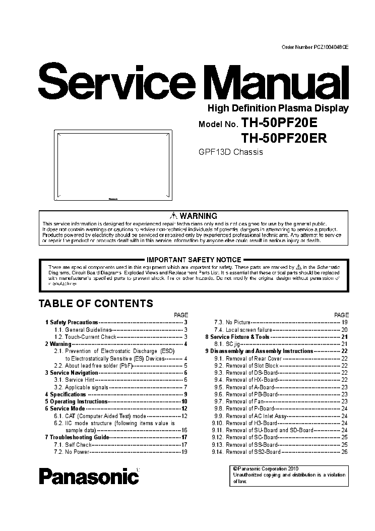 PANASONIC TH-50PF20E TH-50PF20ER CHASSIS GPF13D service manual