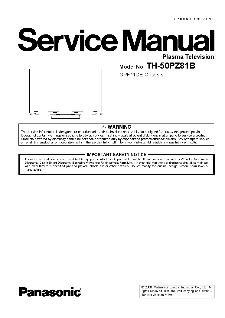 PANASONIC TH-50PZ81B CHASSIS GPF11DE service manual