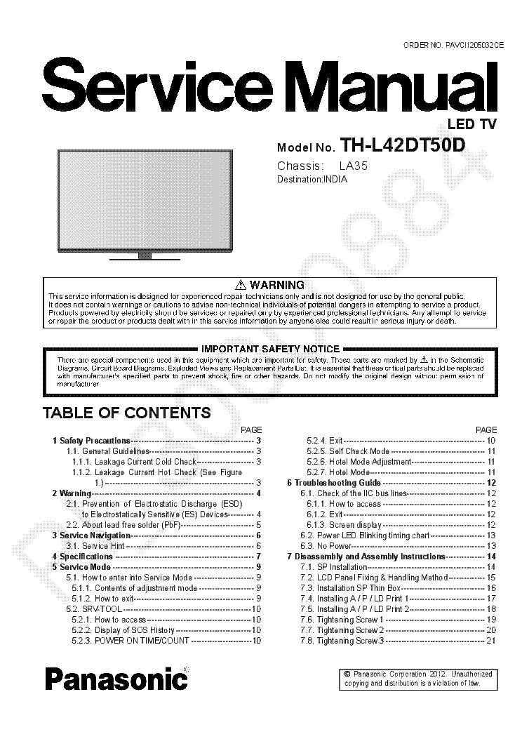 PANASONIC TH-L42DT50D CHASSIS LA35 service manual
