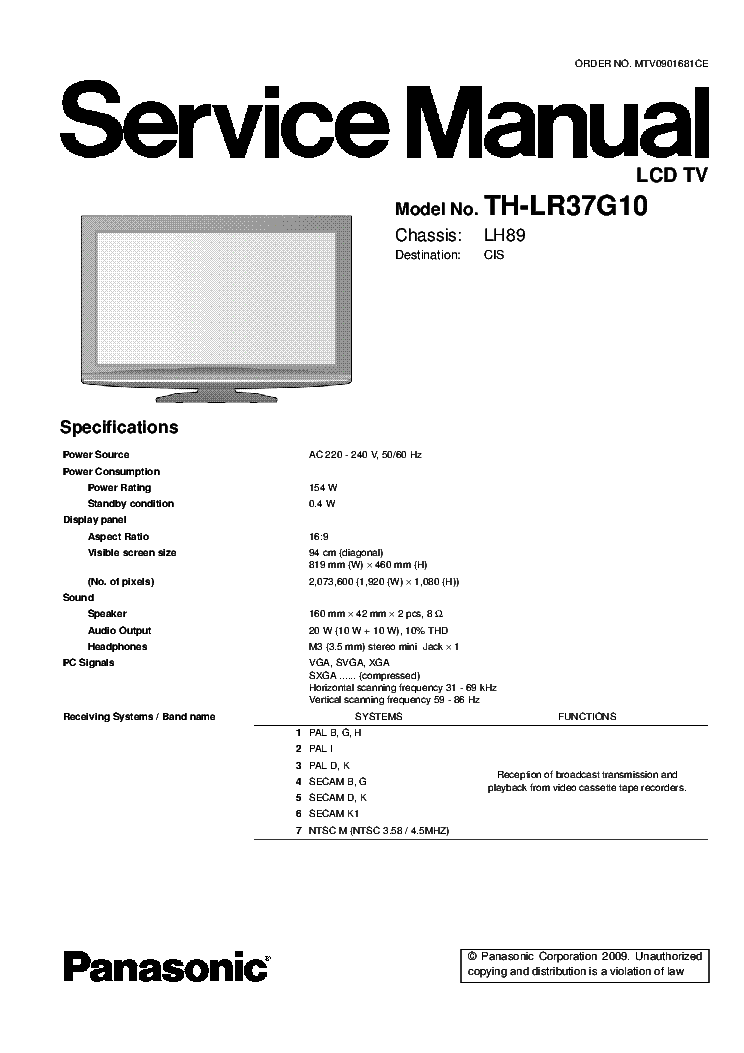 PANASONIC TH-LR37G10 CHASSIS LH89 SM service manual