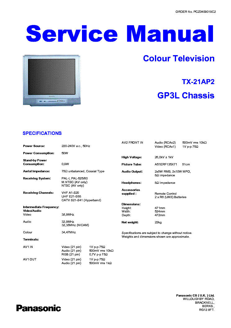 PANASONIC TX-21AP2 CH GP3L service manual