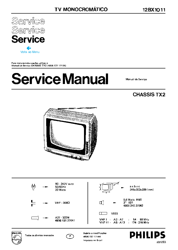 PHILIPS 12BX1011 CH TX2 service manual (1st page)