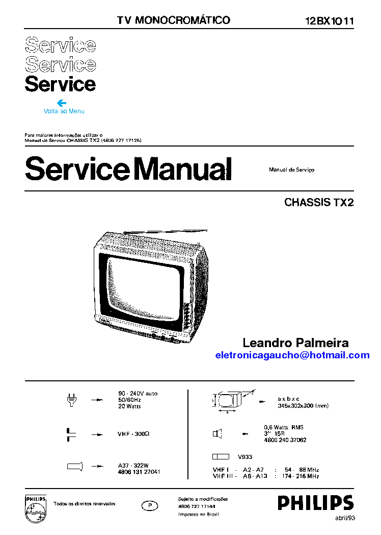 PHILIPS 12BX1011 CHASSIS TX2 SCH service manual (1st page)