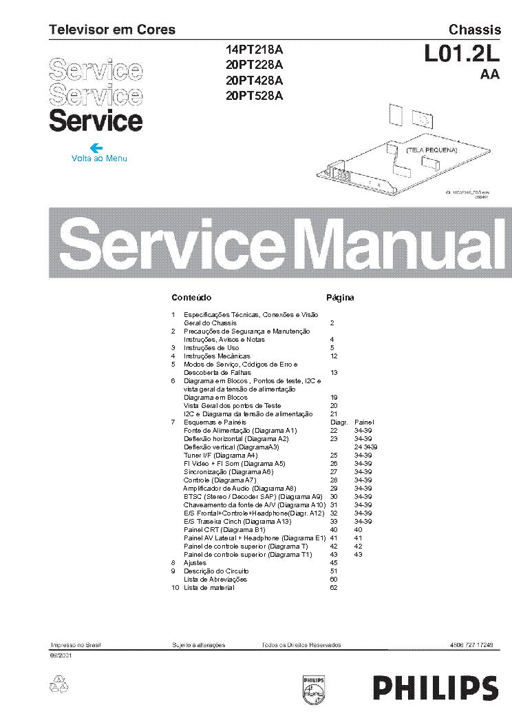 PHILIPS 14PT218A,20PT228,428,528A CHASSIS L01.2L-AA SM service manual (1st page)