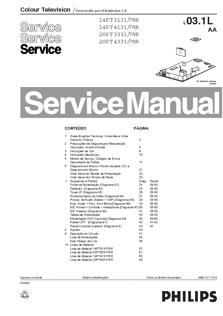 PHILIPS 14PT3131,4131-78R CHASSIS L03.1L-AA SM service manual (1st page)