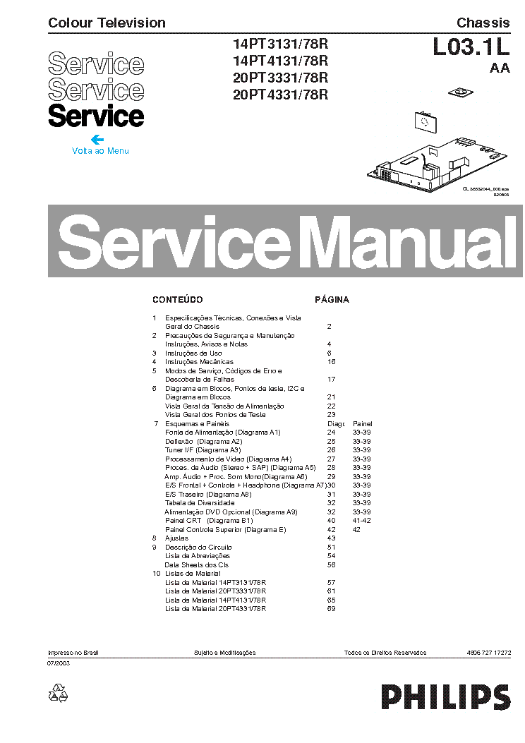 PHILIPS 14PT3131 14PT4131 20PT3331, 20PT4331 CH L03.1LAA SM service manual (1st page)