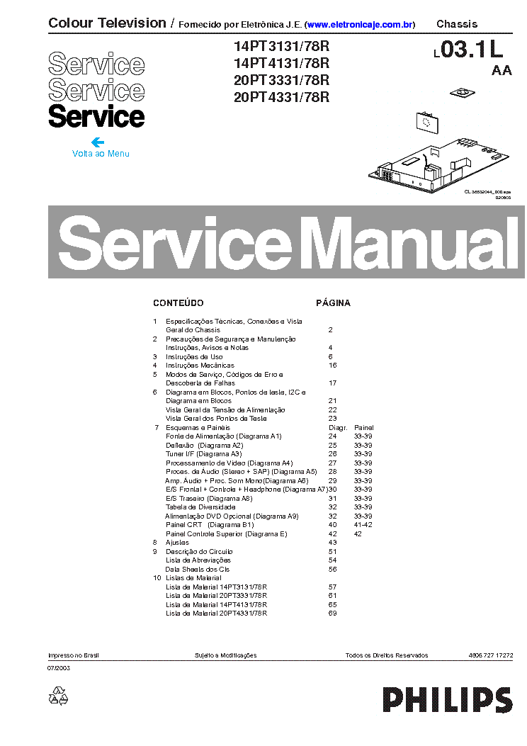 PHILIPS 14PT4131 14PT3131 20PT333 20PT3331 78R CHASSIS L03.1LAA service manual (1st page)