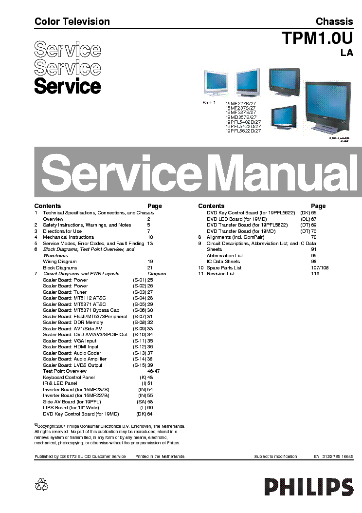 PHILIPS 15MF227B,15MF237S,19MF337B,19PFL5402D,19PFL5422D,19PFL5622D CHASSIS TPM1.0U LA service manual (1st page)