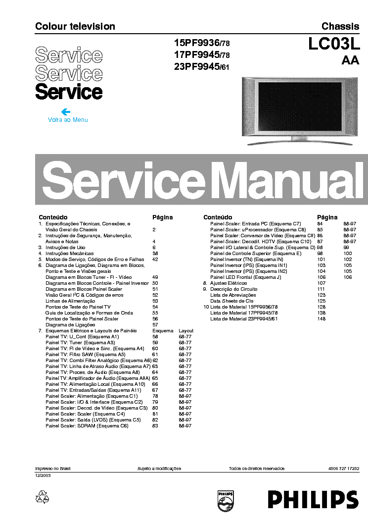 PHILIPS 15PF9936 17PF9945 23PF9945 CHASSIS LC03L AA service manual (1st page)