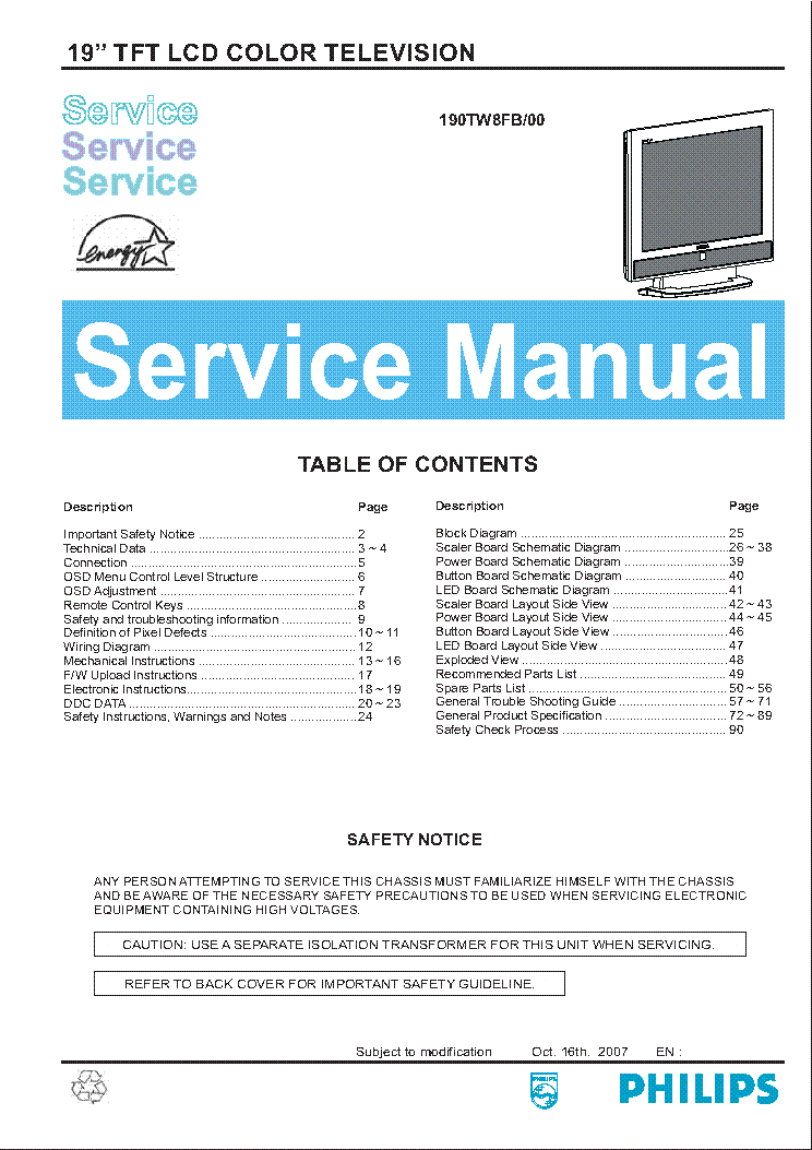 PHILIPS 190TW8FB-00 service manual (1st page)
