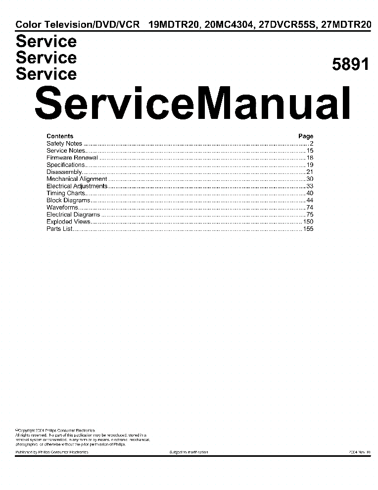 PHILIPS 19MDTR20 20MC4304 27DVCR55S 27MDTR20 SM service manual (1st page)
