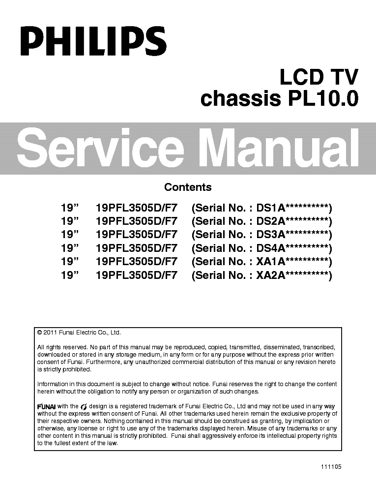 PHILIPS 19PFL3505D CHASSIS PL10.0 SERVICE MANUAL service manual (1st page)