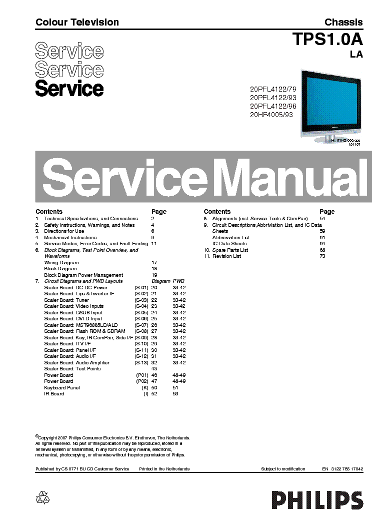 PHILIPS 20HF4005-93 20PFL4122 CHASSIS TPS1.0A-LA SM service manual (1st page)