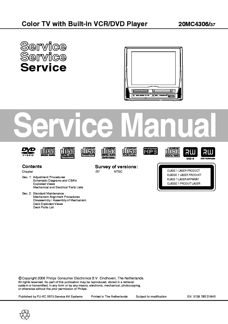 PHILIPS 20MC4306-37 TV VCR DVD COMBO Service Manual download
