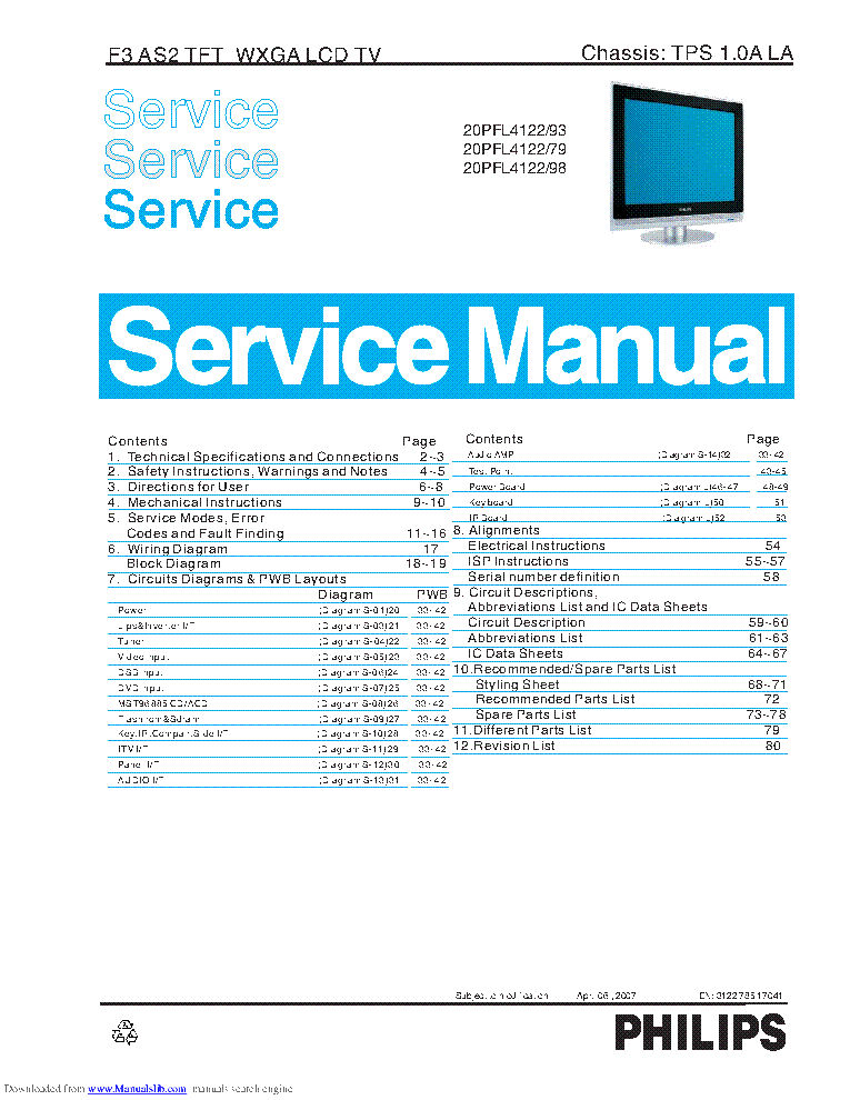 PHILIPS 20PFL4122 93-79-98 CHASSIS TPS 1.0A LA SM service manual (1st page)