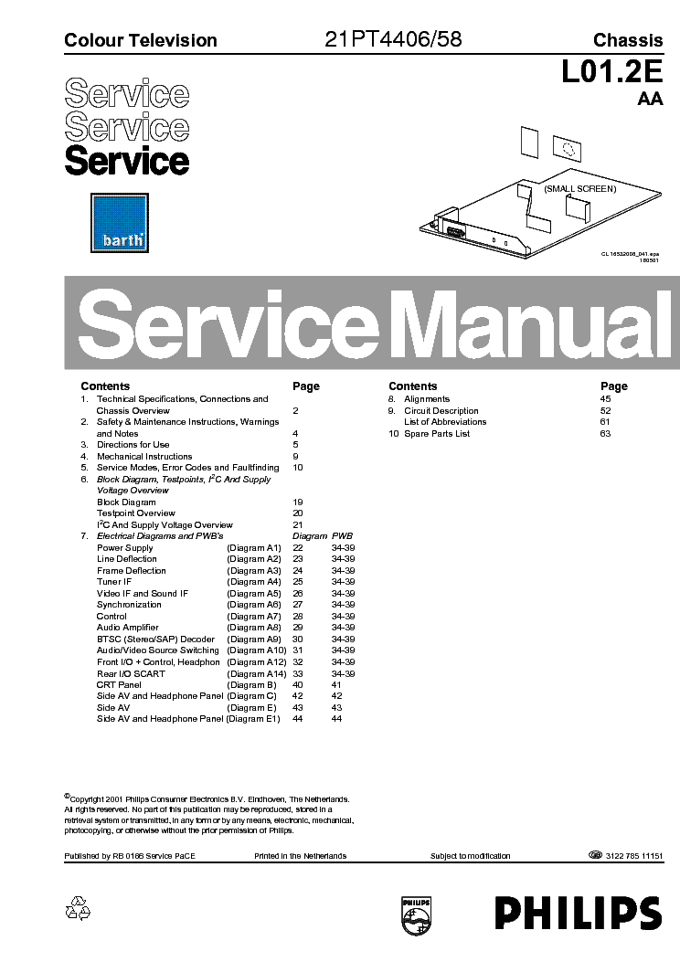 PHILIPS 21PT4406-58 CHASSIS L01.2E-AA SM service manual (1st page)
