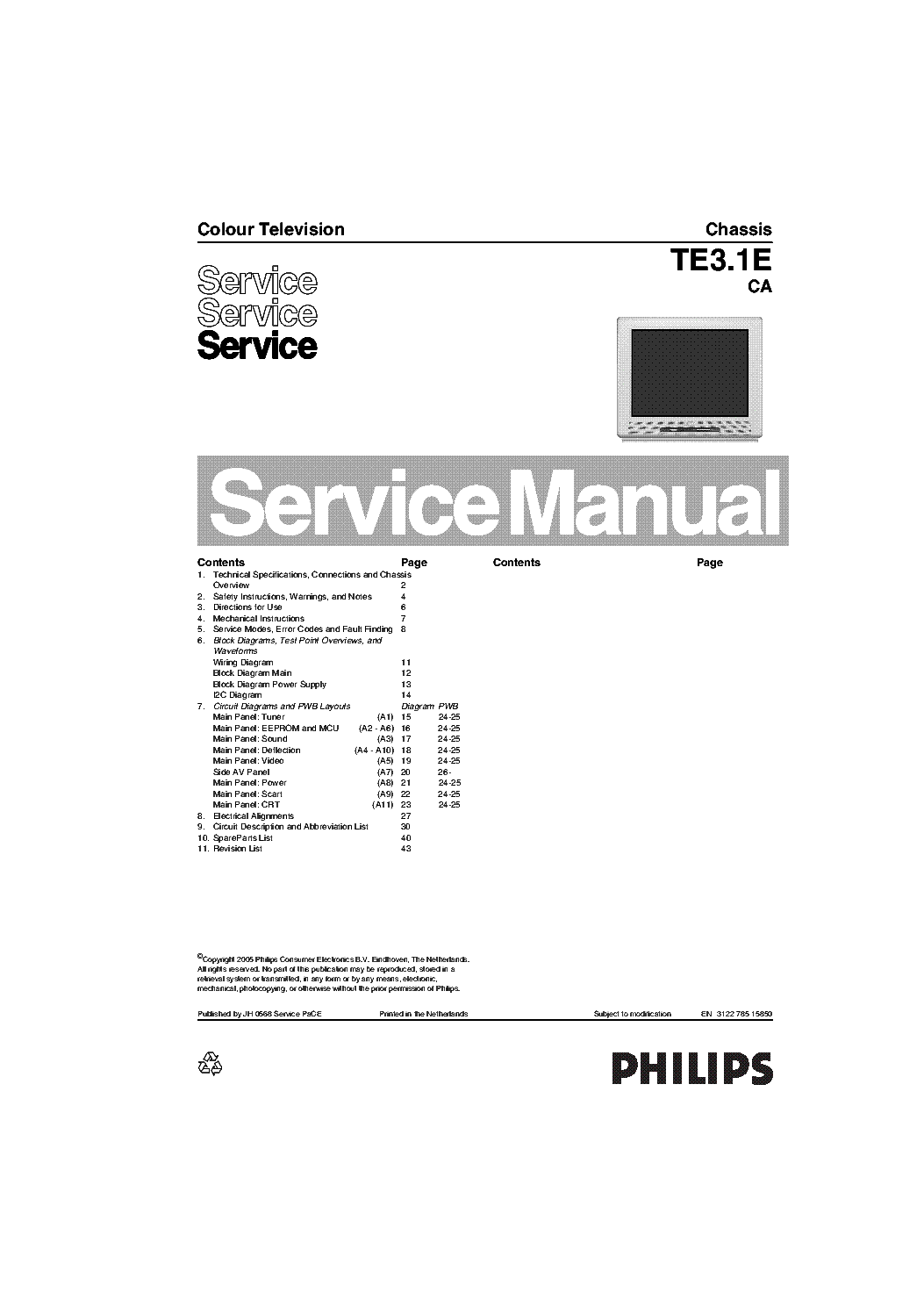 PHILIPS 21PT5401 CHASSIS TE3.1E CA SM service manual (1st page)