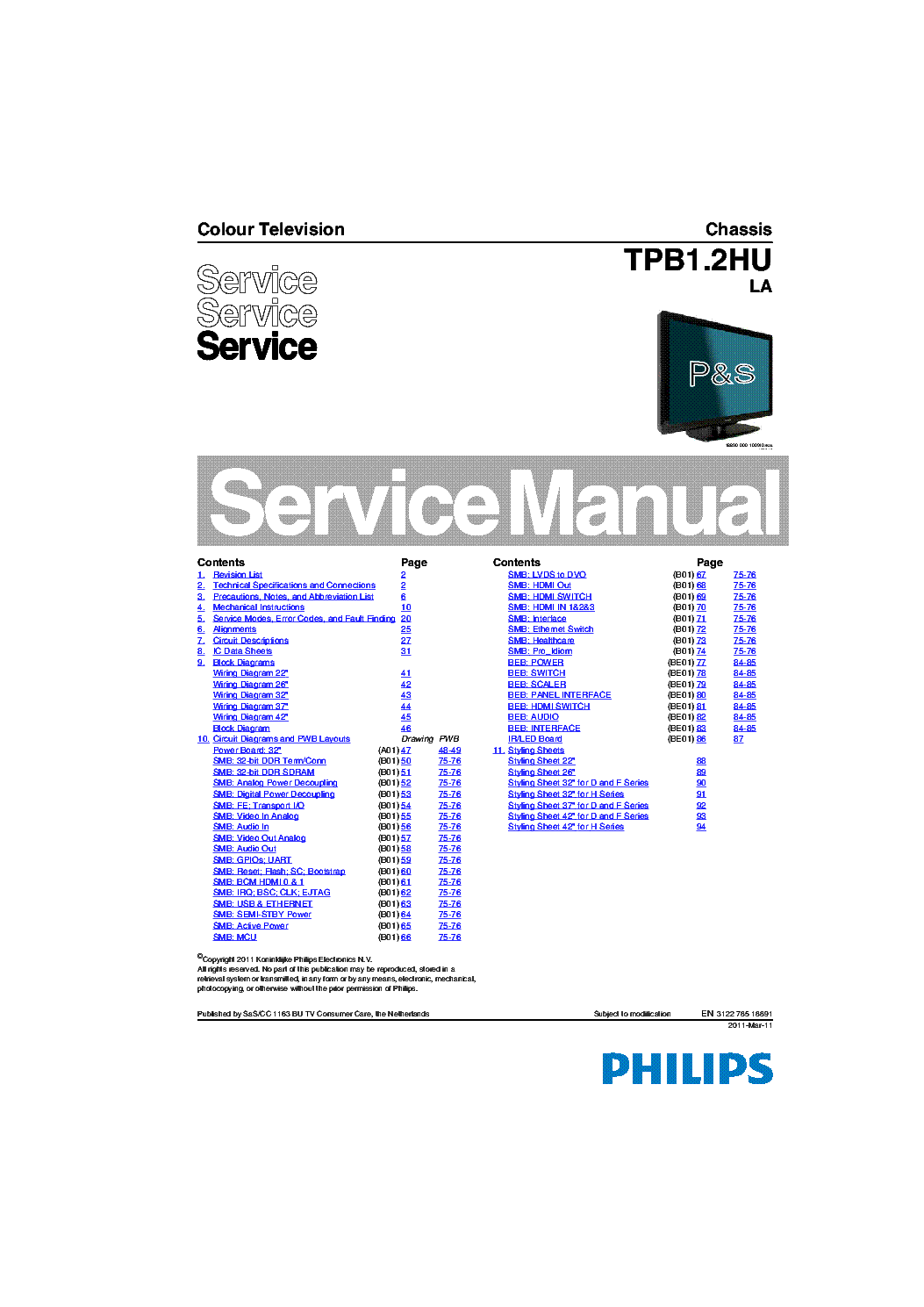 PHILIPS 22HFL5662H 32HFL4462F 37HFL4482F 37HFL5682D 42HFL5682D-F7 CHASSIS TPB1.2HULA service manual (1st page)