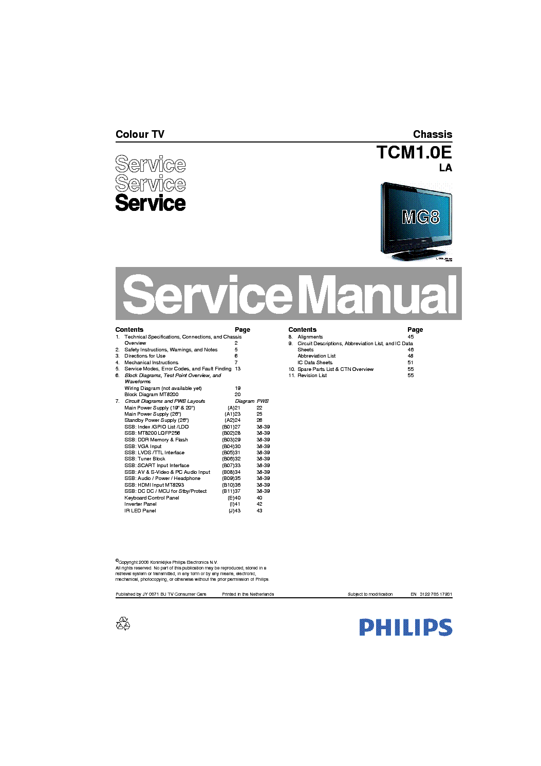 PHILIPS 22PFL3403-60 CHASSIS TCM1.0E-LA service manual (1st page)