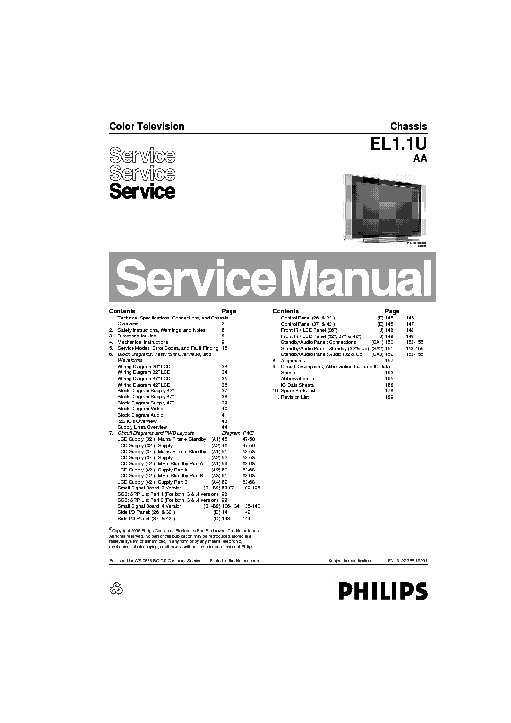 PHILIPS 26PF5321D CHASSIS EL1.U AA SM service manual (1st page)