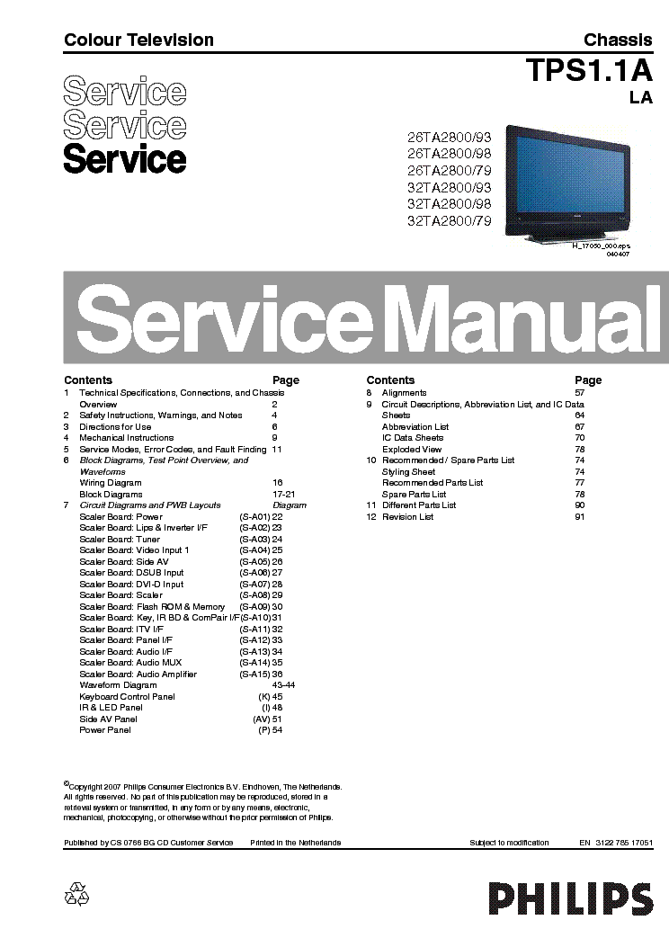 PHILIPS 26TA2800 32TA2800 CHASSIS TPS1.1A-LA SM service manual (1st page)
