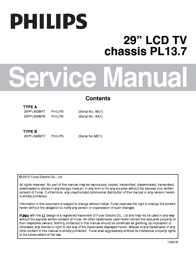 PHILIPS 29PFL4508-F8 29PFL4908-F7 CHASSIS PL13.7 service manual (1st page)
