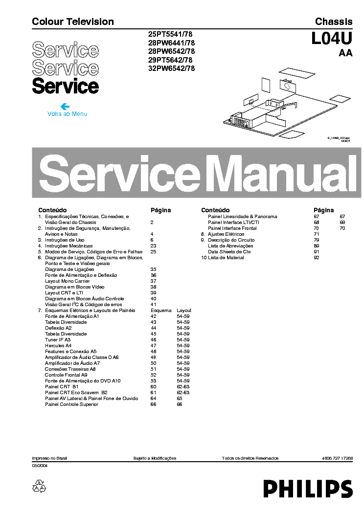 PHILIPS 29PT4643 CHASSIS L04 service manual (1st page)
