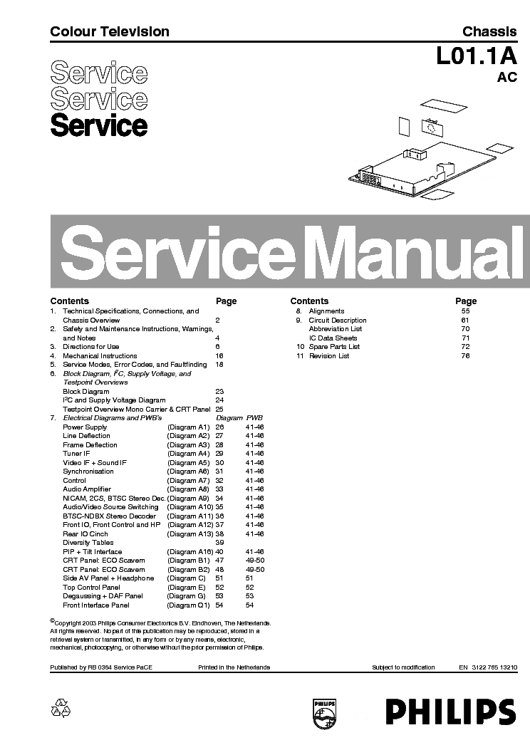PHILIPS 29PT5026 56 CHASSIS L01.1A AC service manual (1st page)