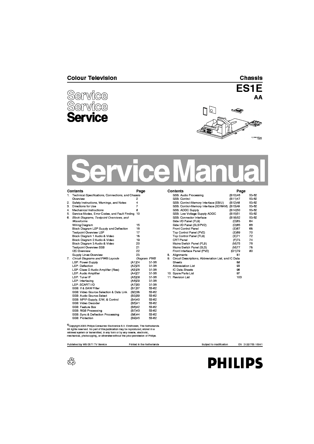 PHILIPS 29PT8520 8521 CHASSIS ES1E AA SM service manual (1st page)