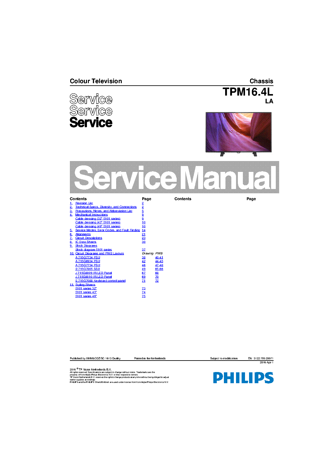 PHILIPS 32PHG5101 77 CHASSIS TPM16.4L LA SM service manual (1st page)
