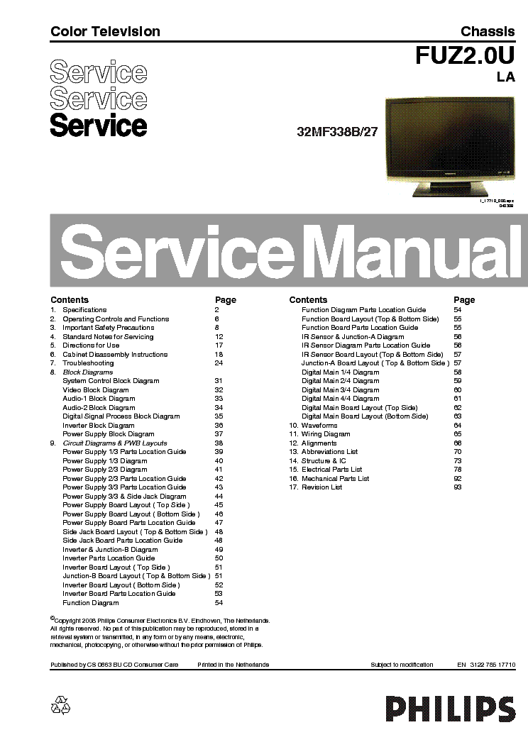 PHILIPS 32MF338B-27 CHASSIS FUZ2.0ULA 312278517710 service manual (1st page)
