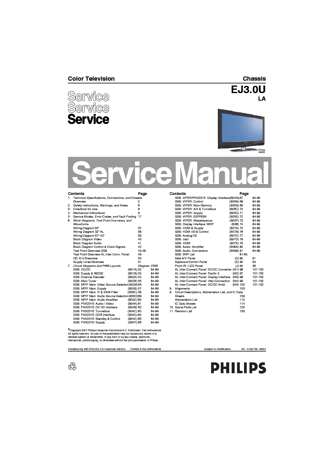 PHILIPS 32PFL5332 CHASSIS EJ3 0U LCD TV service manual (1st page)