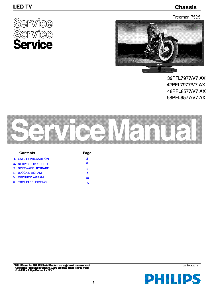 PHILIPS 32PFL7977 42PFL7977 46PFL8577 58PFL9577 CHASSIS FREEMAN-7525 service manual (1st page)