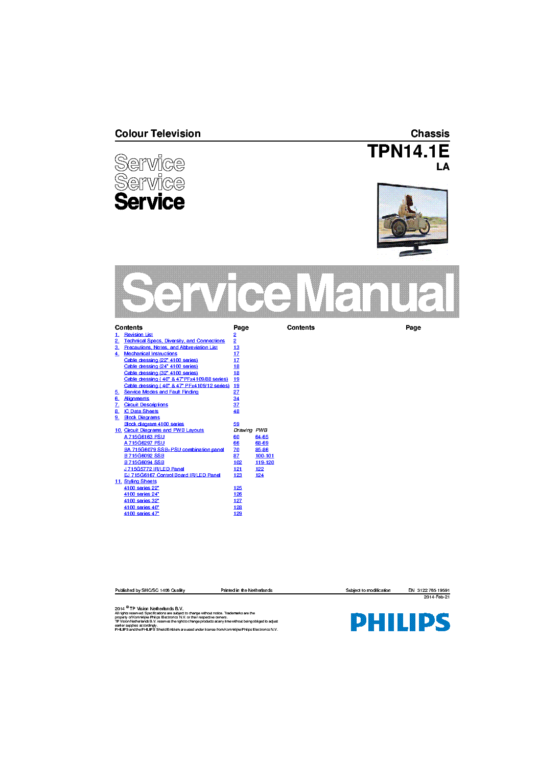 PHILIPS 32PHH410988 CHASSIS TPN14-1E-LA service manual (1st page)