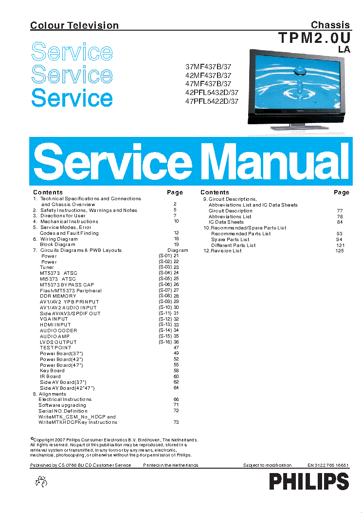 PHILIPS 37-42-47MF437B-37 42-47PFL5432D-37 CHASSIS TPM2.0U-LA SM service manual (1st page)