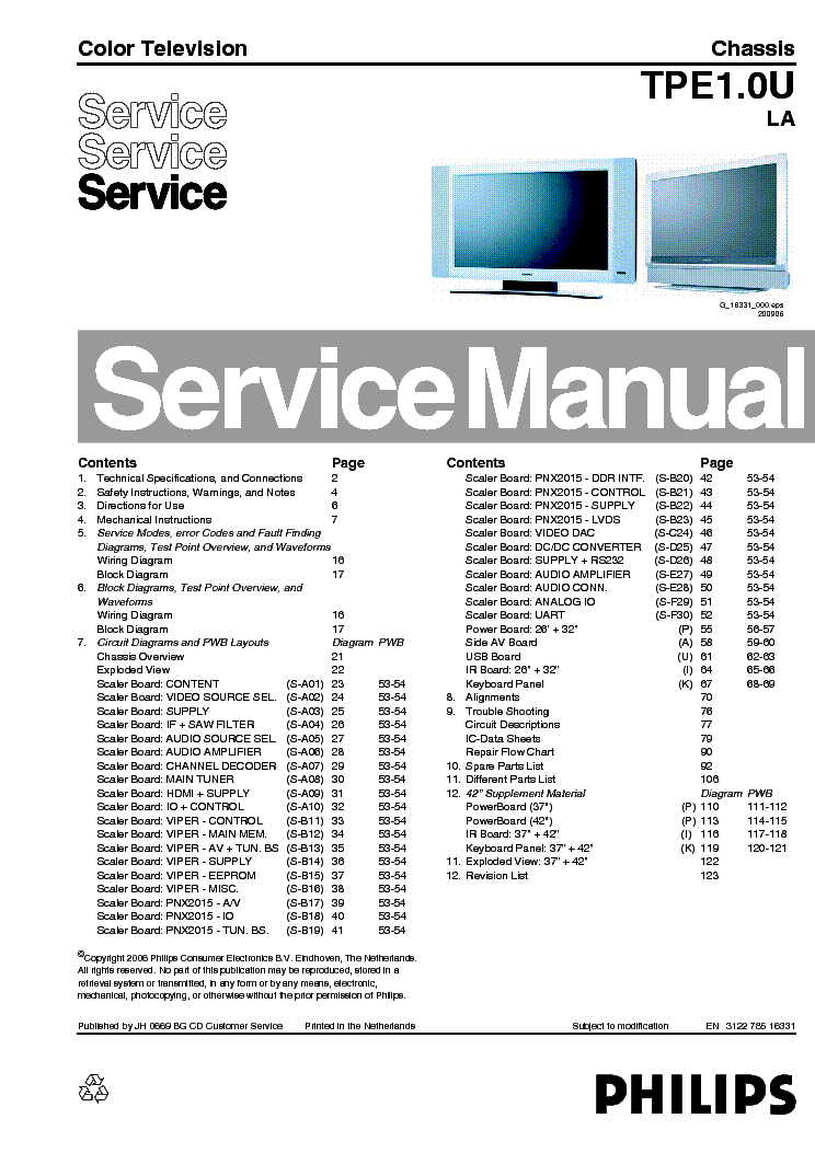 PHILIPS 37MF321D CHASSIS TPE1.0U-LA SM service manual (1st page)