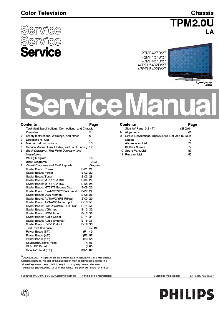 PHILIPS 37MF437B,42MF437B,47MF437B,42PFL5432D,47PFL5422D CHASSIS TPM2.0U LA service manual (1st page)