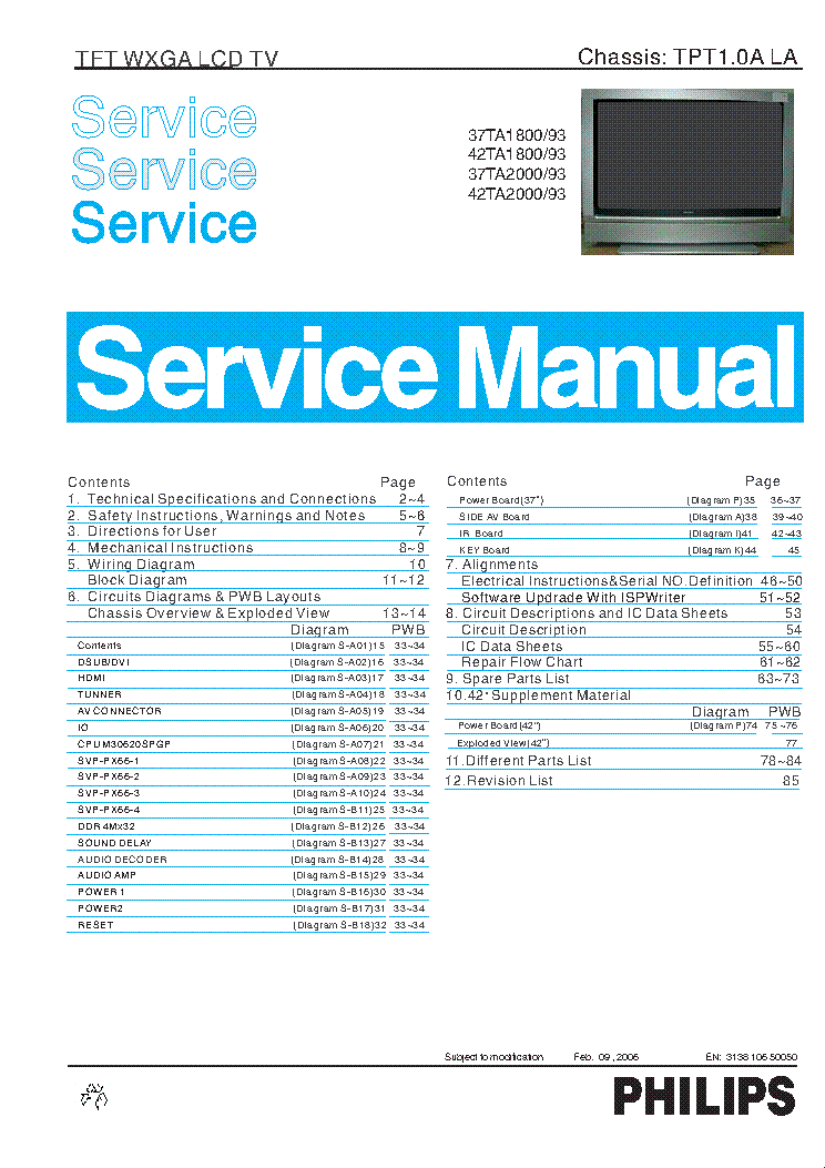 PHILIPS 37TA1800-93 42TA1800-93 37TA2000-93 42TA2000-93 CHASSIS TPT1.0A LA SM service manual (1st page)