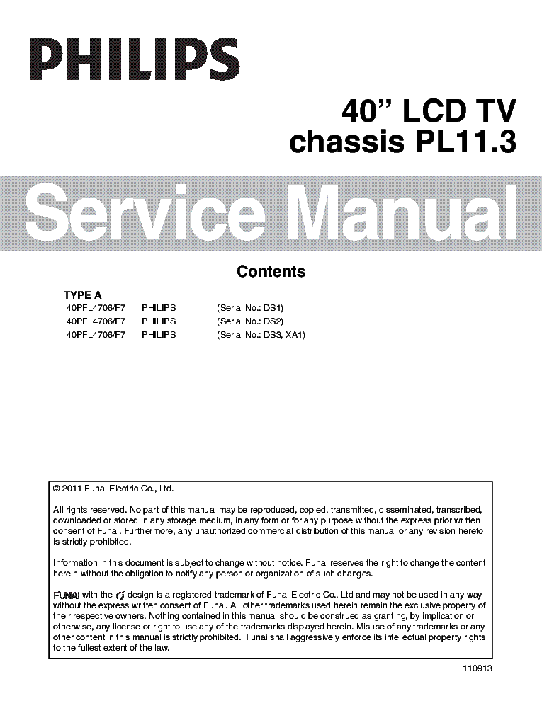 PHILIPS 40PFL4706-F7 CHASSIS PL11.3 Service Manual download, schematics
