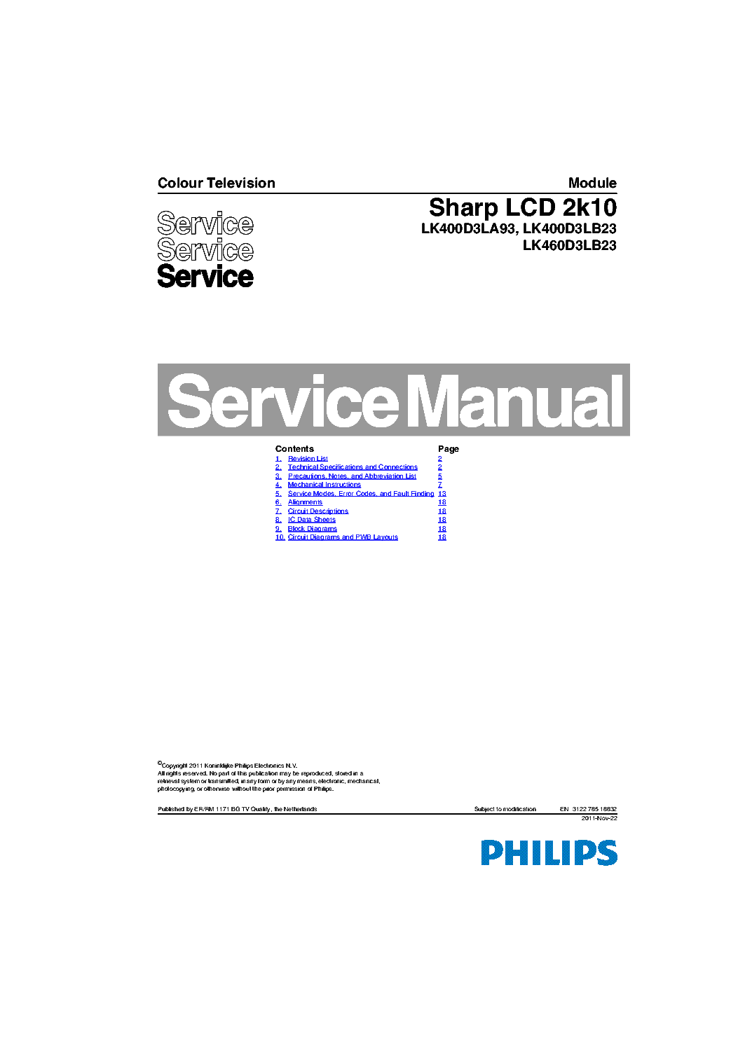 PHILIPS 42 PFL 4308 SHARP LCD 2K10 LK400D3LA93 LK460D3LB23 SM service manual