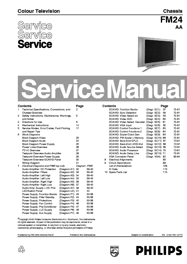 PHILIPS 42FD9954 CHASSIS FM24 AA service manual (1st page)
