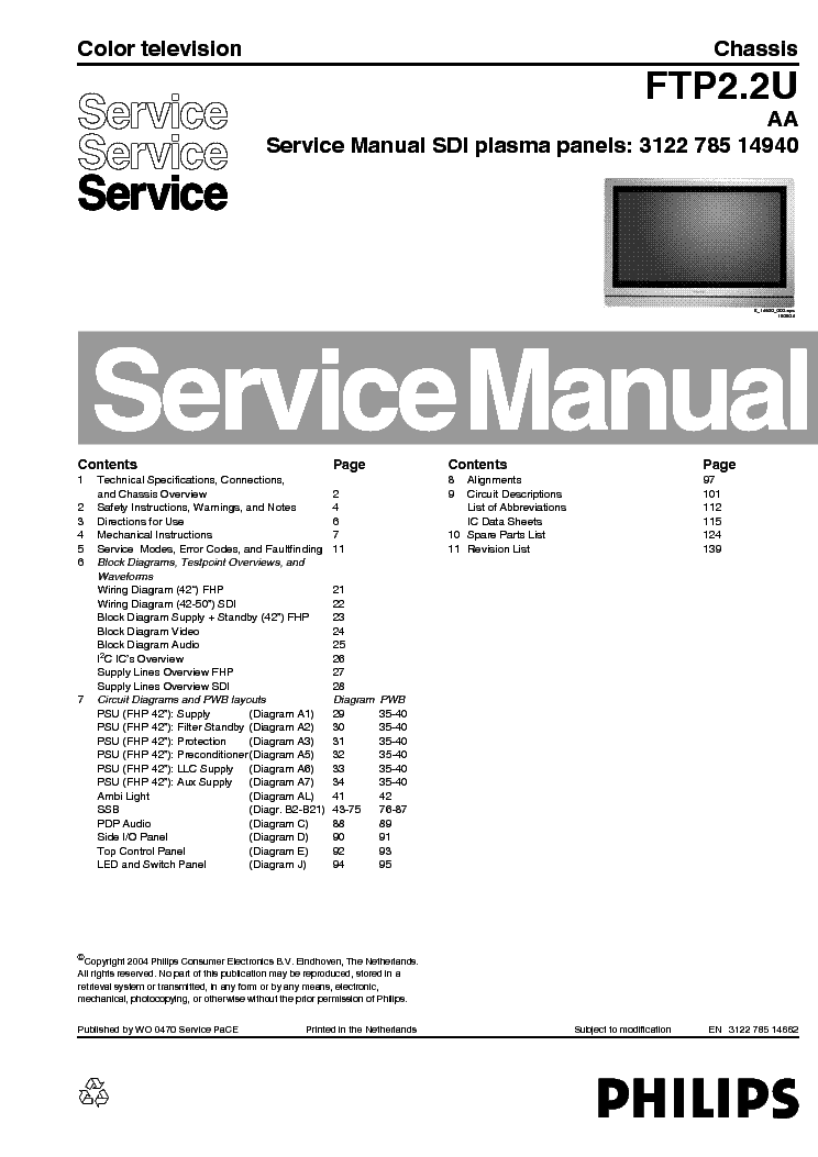 PHILIPS 42PF9966 CHASSIS FTP2.2U AA SM service manual (1st page)