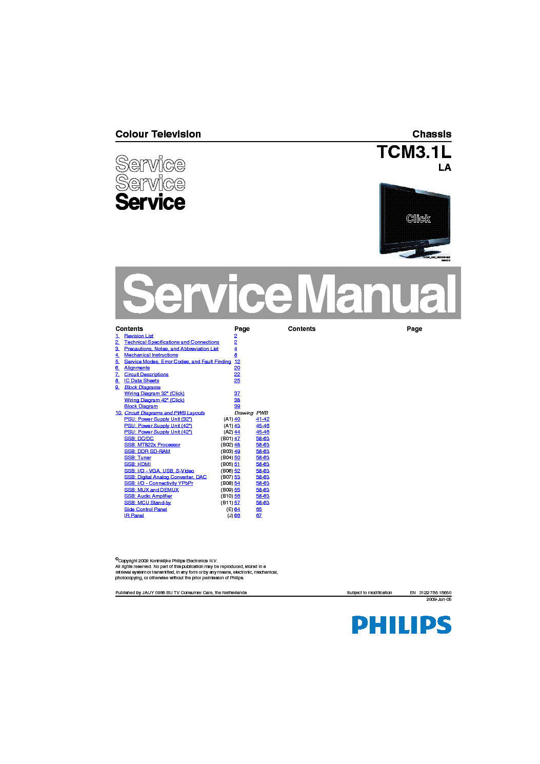 PHILIPS 42PFL3604 CHASSIS TCM3.1LLA service manual (1st page)