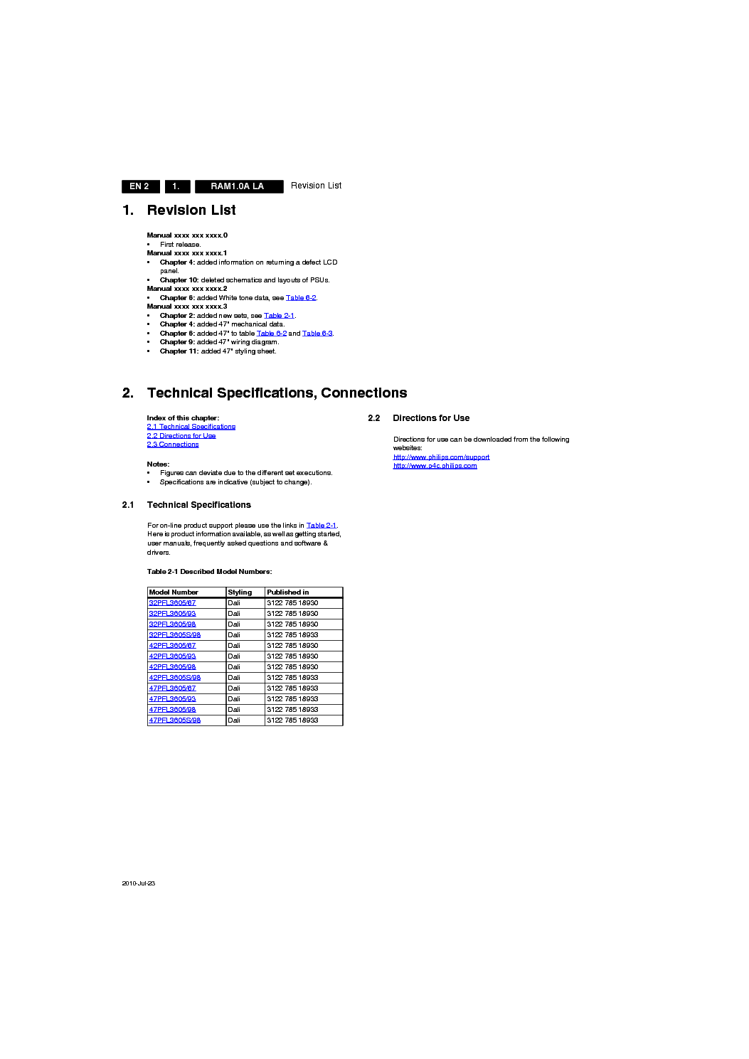 PHILIPS 42PFL3605S 98 CHASSIS RAM1.0A LA DALI service manual (2nd page)