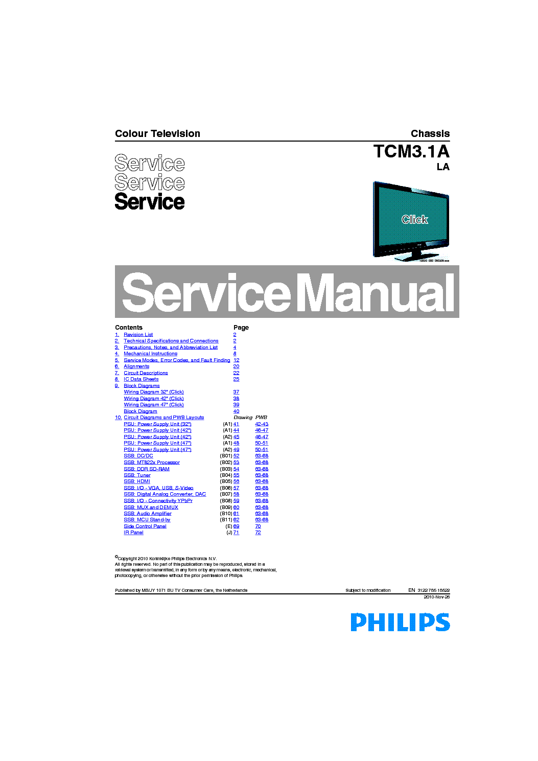 PHILIPS 42PFL3609S-98 CH TCM3.1A-LA service manual (1st page)